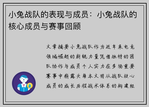 小兔战队的表现与成员：小兔战队的核心成员与赛事回顾