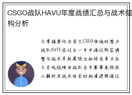 CSGO战队HAVU年度战绩汇总与战术结构分析